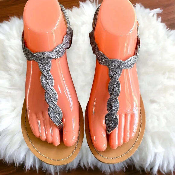 Womens Thong Sandals Silver Braided Strap Ankle Buckle Comfort Casual - Picture 9 of 12